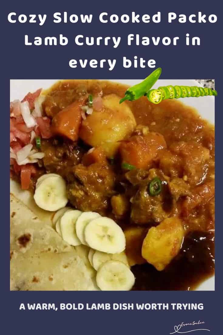 an image of a plate filled with Slow Cooked Packo Lamb Curry, served with sambals and roti