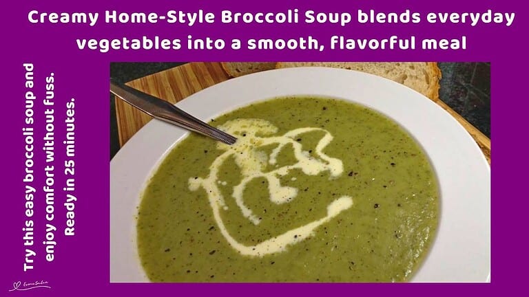 an image of a white soup bowl with Creamy Home-Style Broccoli Soup and a swirl of cream