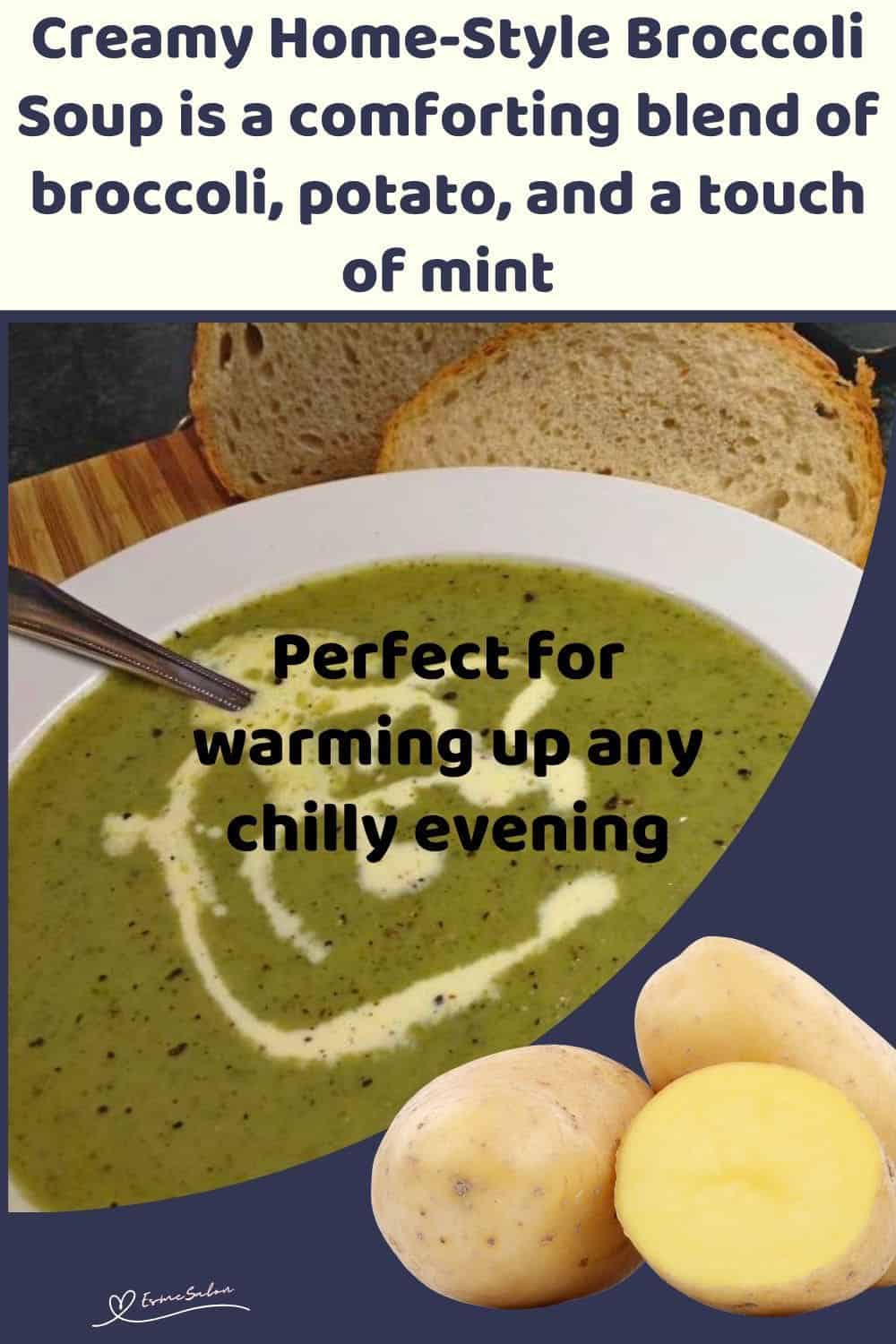 an image of a white soup bowl with Creamy Home-Style Broccoli Soup and a swirl of cream