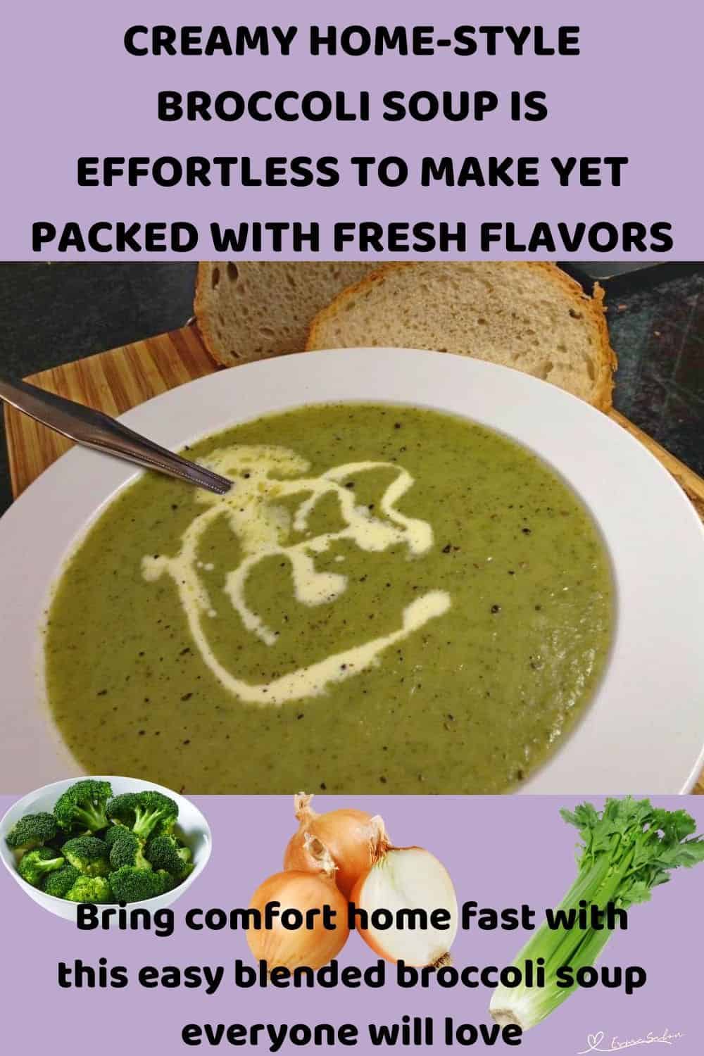 an image of a white soup bowl with Creamy Home-Style Broccoli Soup and a swirl of cream
