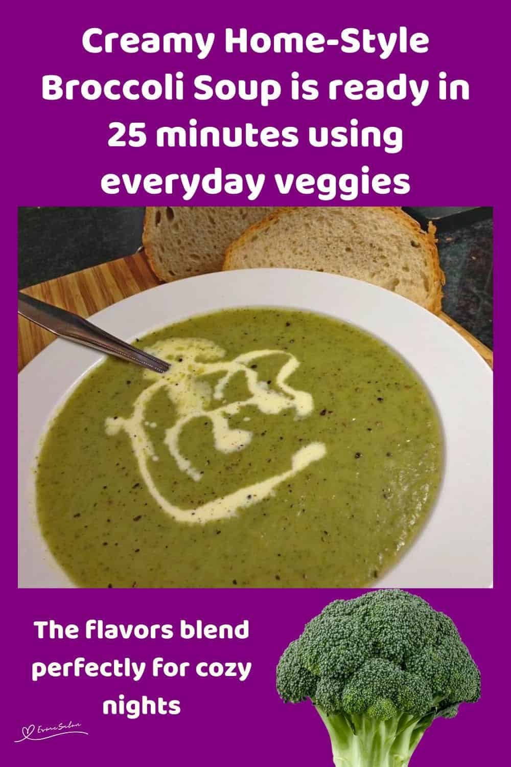 an image of a white soup bowl with Creamy Home-Style Broccoli Soup and a swirl of cream