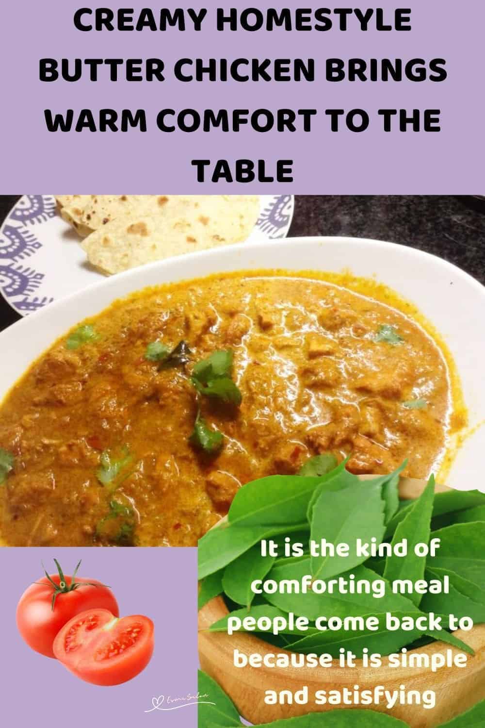an image of a white bowl with Creamy Homestyle Butter Chicken and Roti on the side