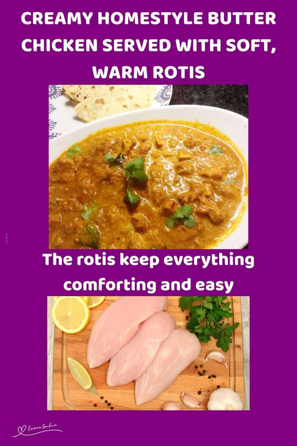 an image of a white bowl with Creamy Homestyle Butter Chicken and Roti on the side