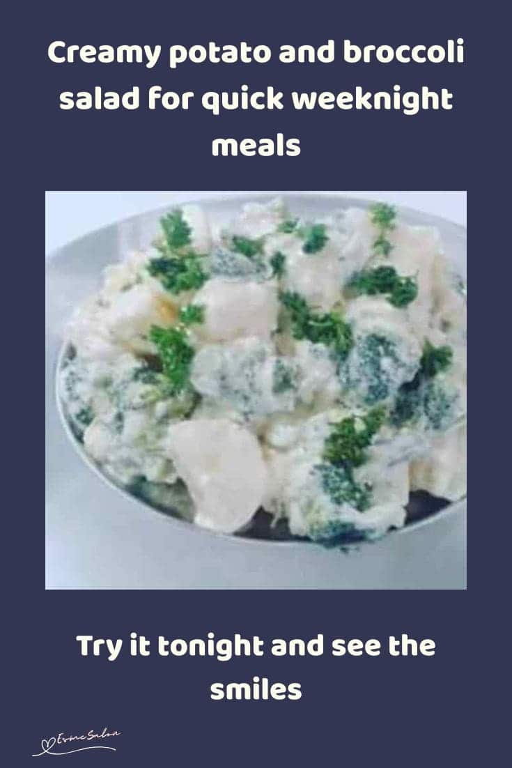 an image of a Potato and Broccoli Salad in a white bowl
