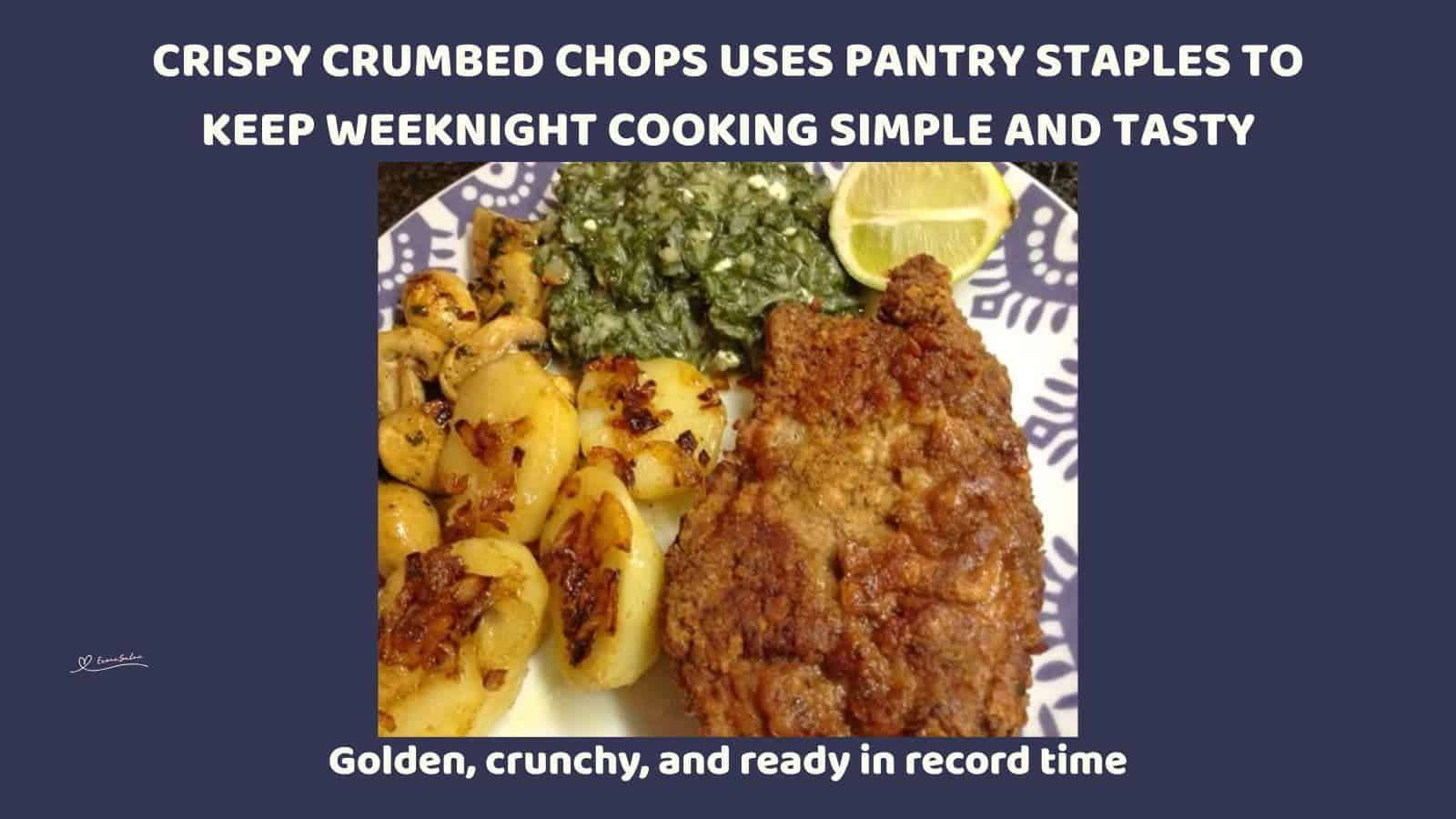 an image of Crispy Crumbed Chops with baked potatoes and some greens