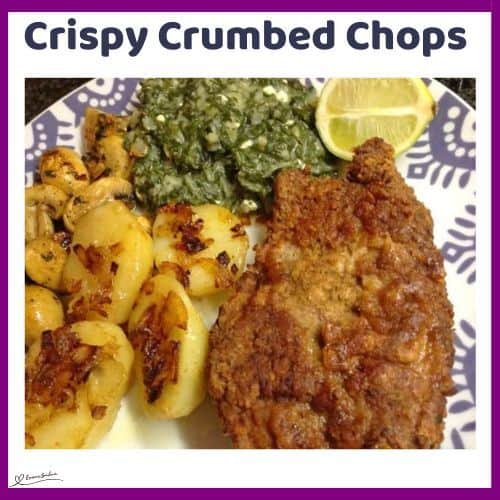 an image of Crispy Crumbed Chops with baked potatoes and some greens