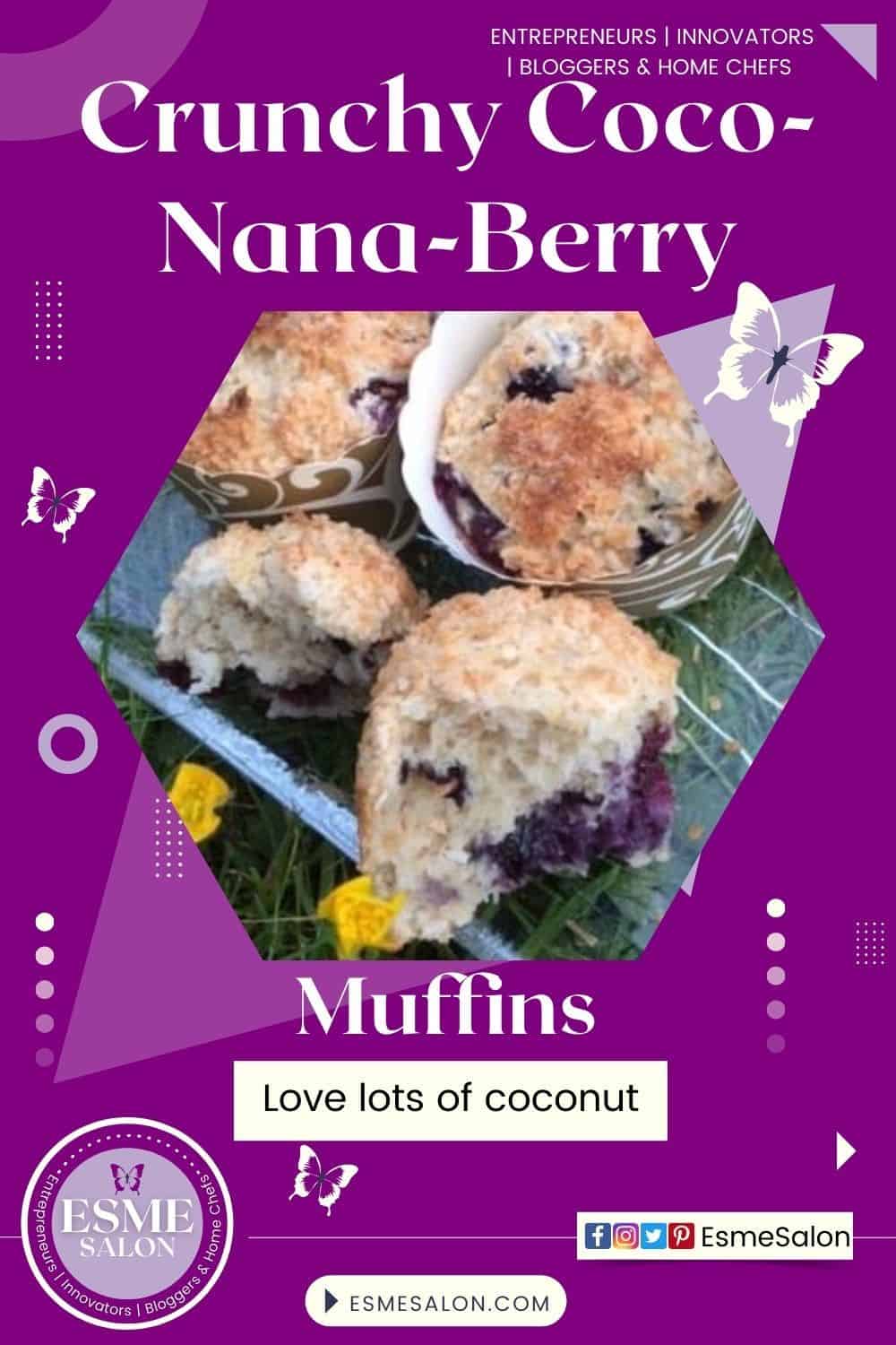 an image of muffins with coconut, blue berries on a cooling rack