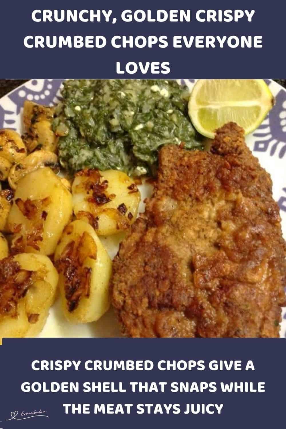 an image of Crispy Crumbed Chops with baked potatoes and some greens