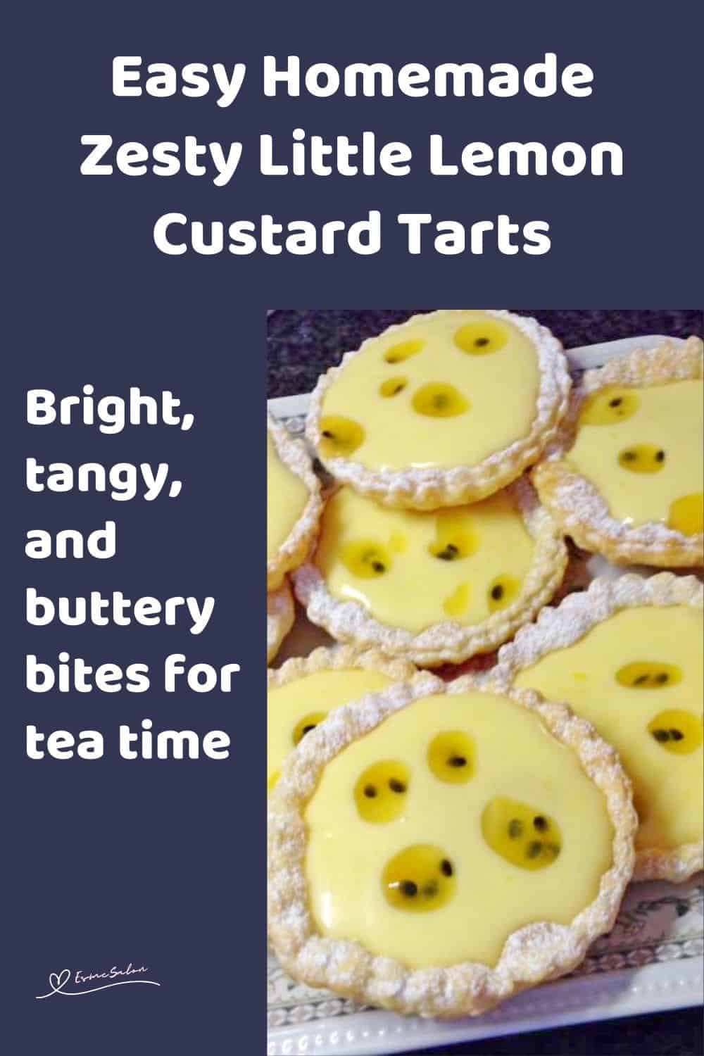 an image of Little Lemon Custard Tarts with passion fruit decoration on a white platter