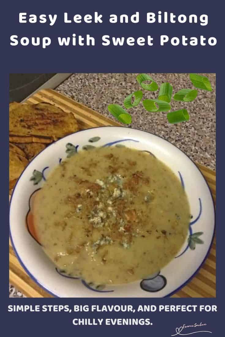 an image of a soup bowl filled with Easy Leek and Biltong Soup with Sweet Potato