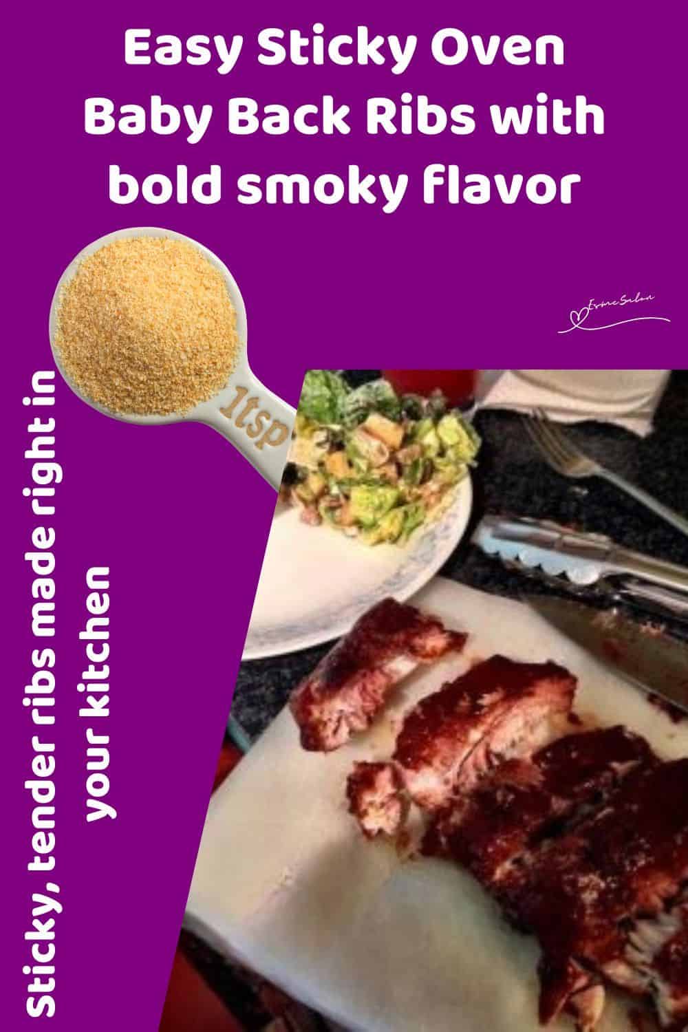an image of Sticky Oven Baby Back Ribs on a white platter with a side of salad