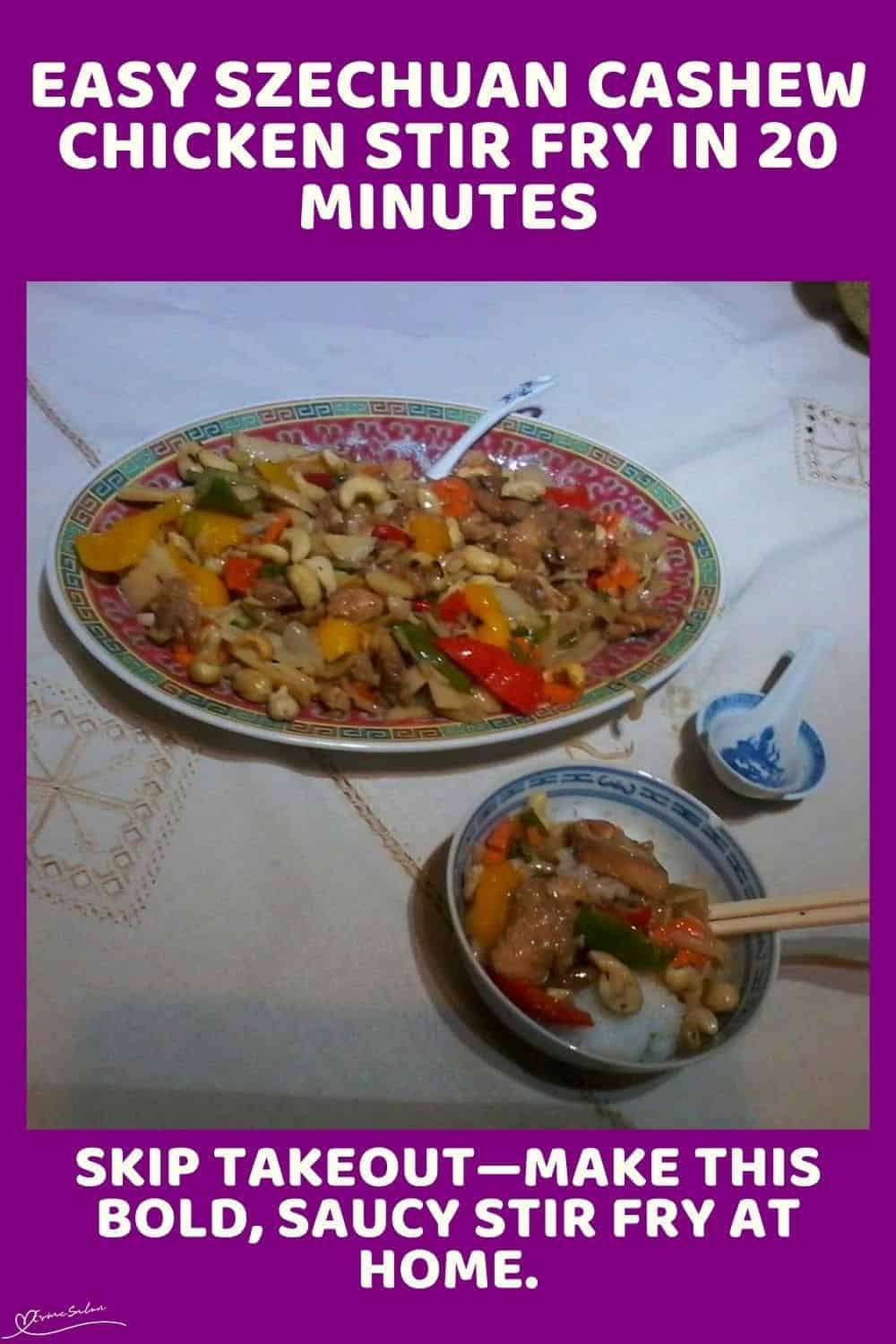 an image of a bowl of brightly coloured saucy Szechuan Cashew Chicken Stir Fry