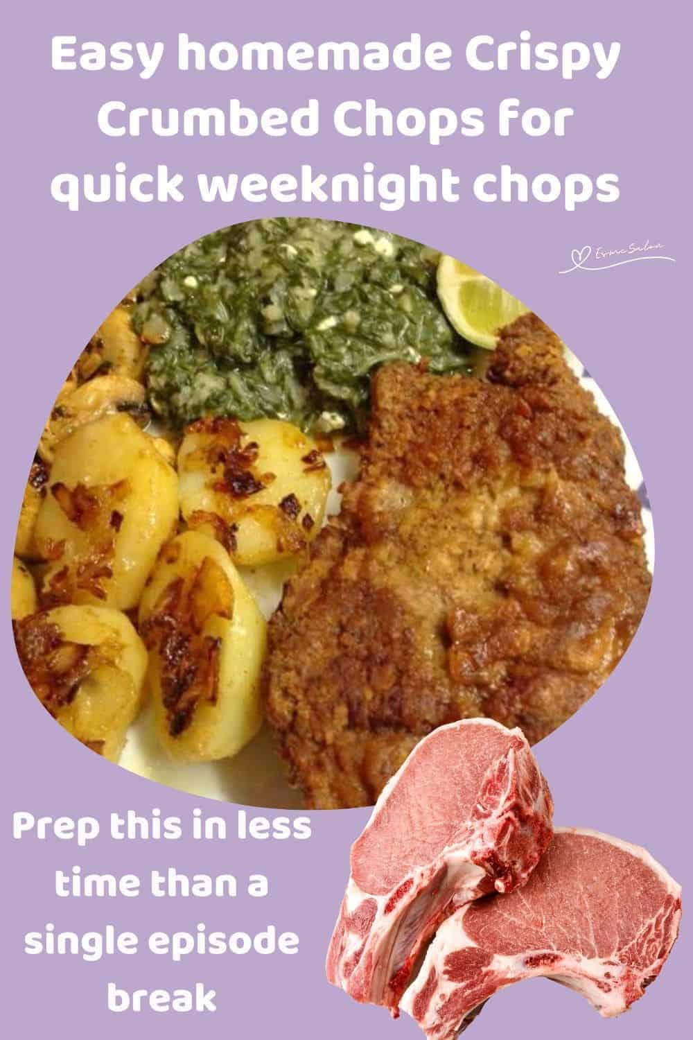 an image of Crispy Crumbed Chops with baked potatoes and some greens
