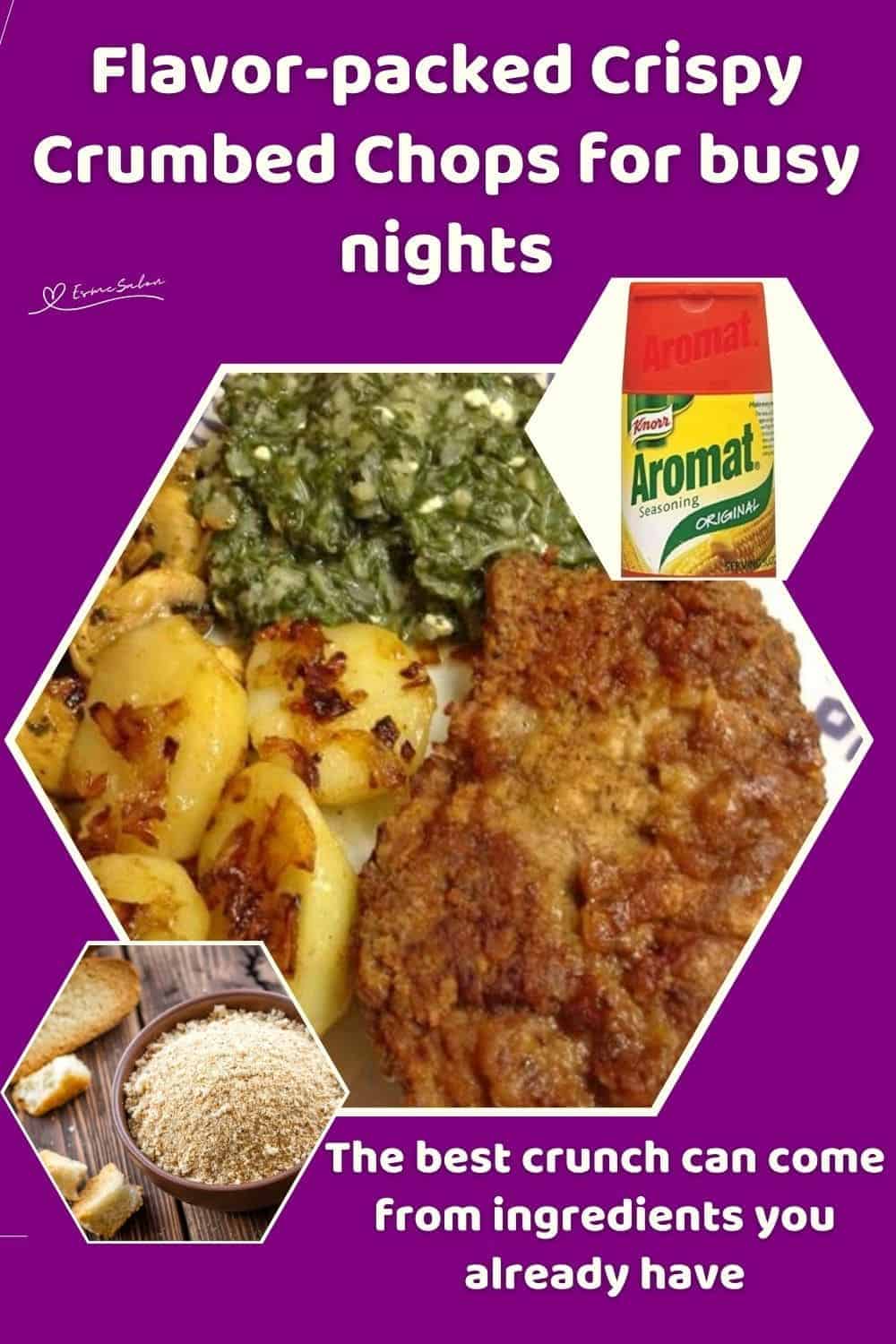 an image of Crispy Crumbed Chops with baked potatoes and some greens