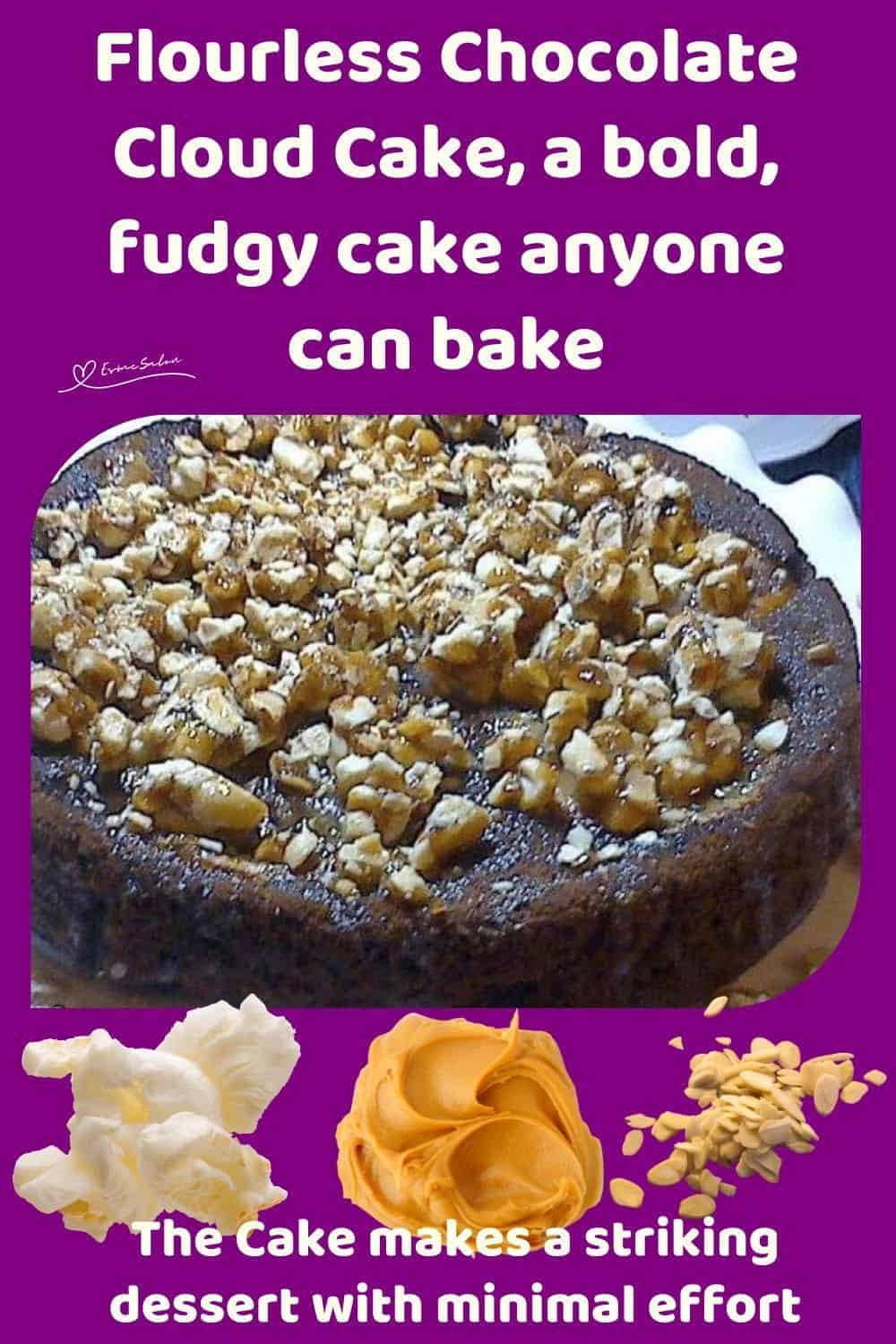 an image of a Flourless Chocolate Cloud Cake with popcorn mixed with peanut butter and chopped almonds topping