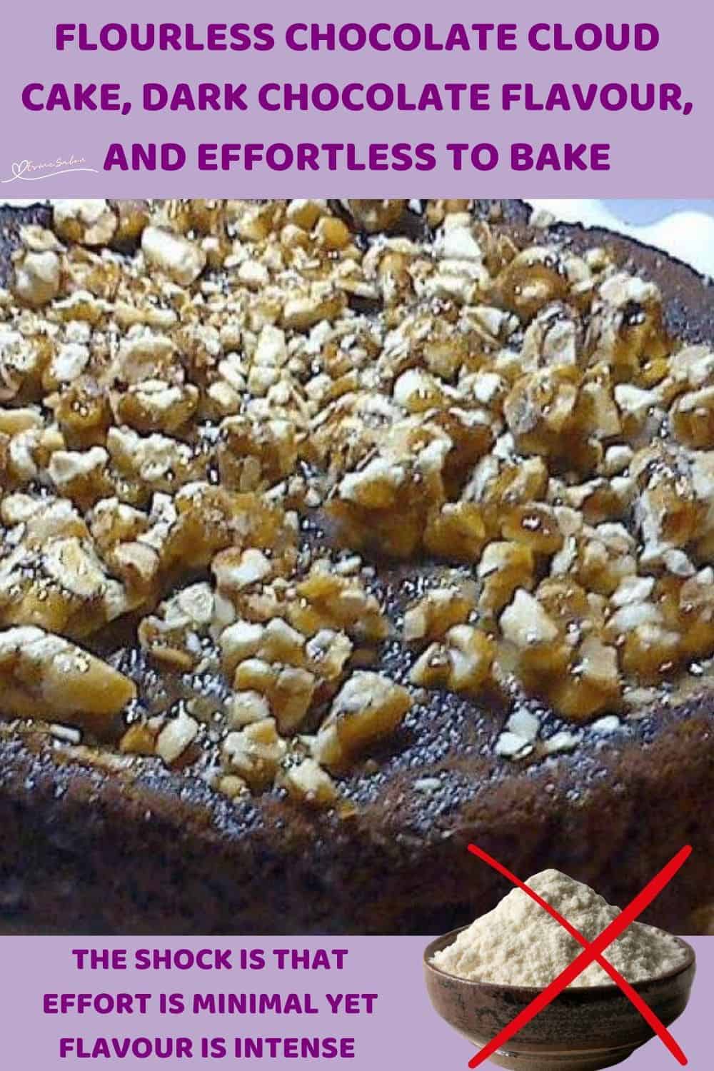 an image of a Flourless Chocolate Cloud Cake with popcorn mixed with peanut butter and chopped almonds topping