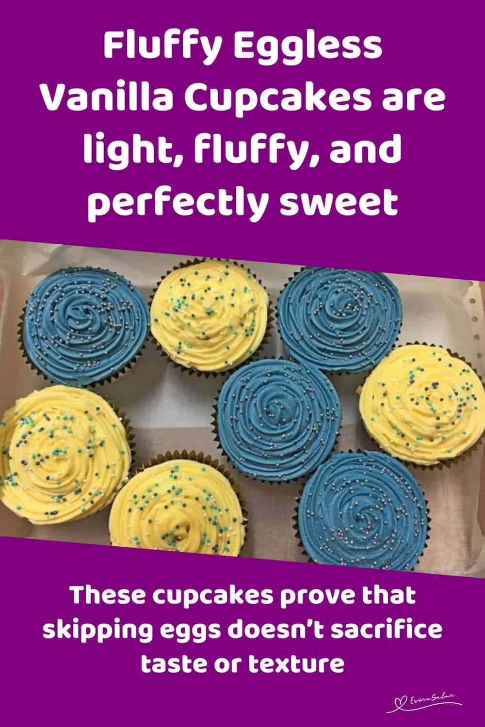 an image of yellow and blue Fluffy Eggless Vanilla Cupcakes with sprinkles