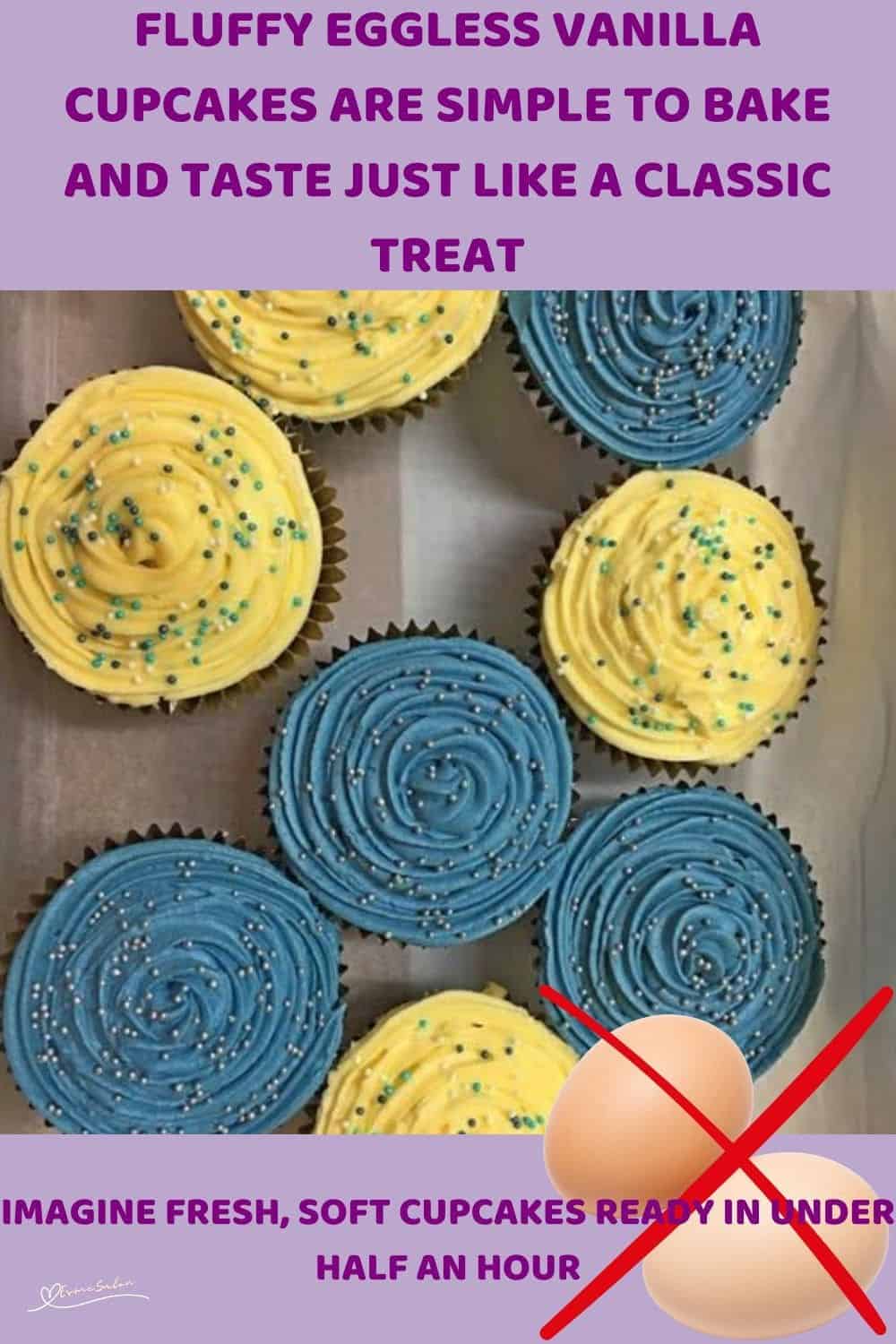 an image of yellow and blue Fluffy Eggless Vanilla Cupcakes with sprinkles