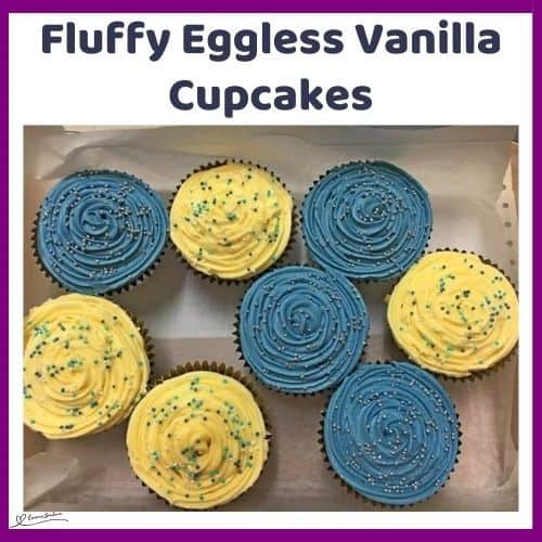 an image of yellow and blue Fluffy Eggless Vanilla Cupcakes with sprinkles