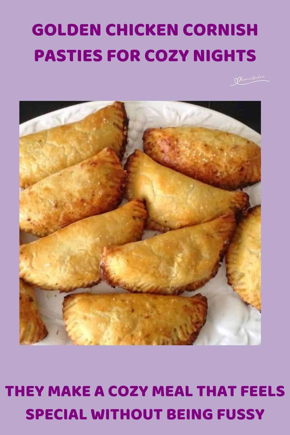 an image of half moon shaped Chicken Cornish Pasties on a white platter