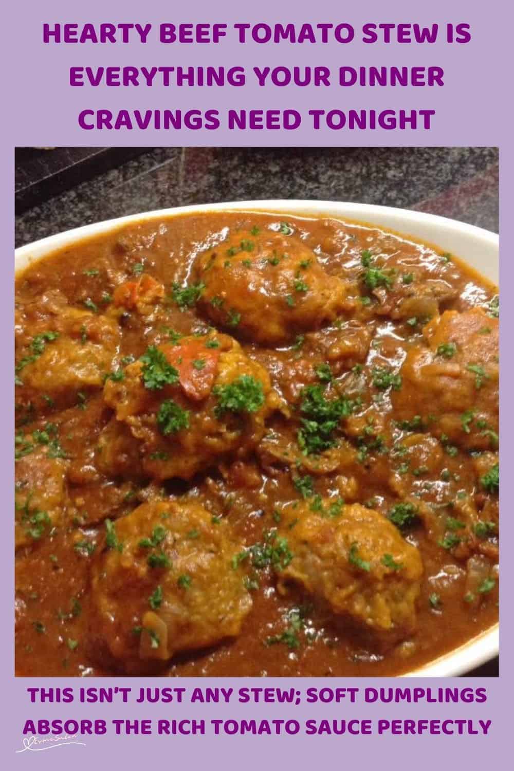 an image of an oval white platter with a Hearty Beef Tomato Stew and dumplings
