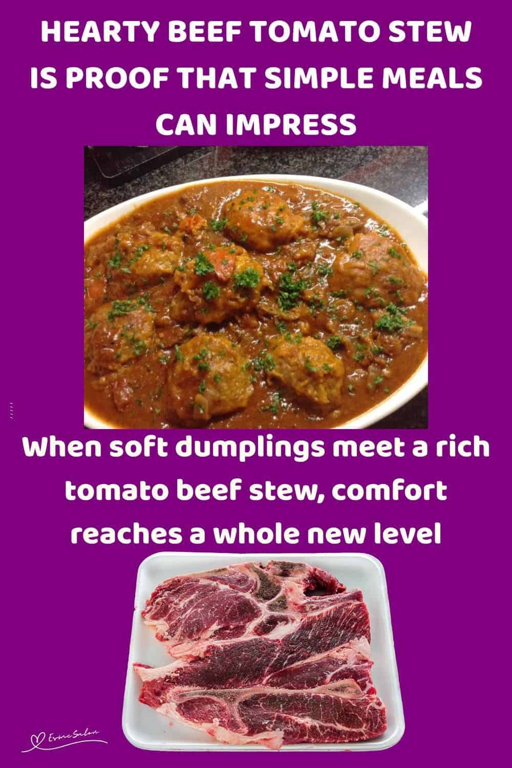 an image of an oval white platter with a Hearty Beef Tomato Stew and dumplings