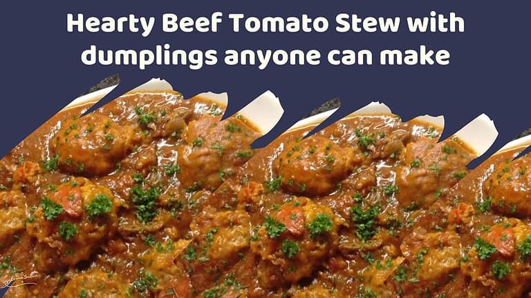 an image of an oval white platter with a Hearty Beef Tomato Stew and dumplings