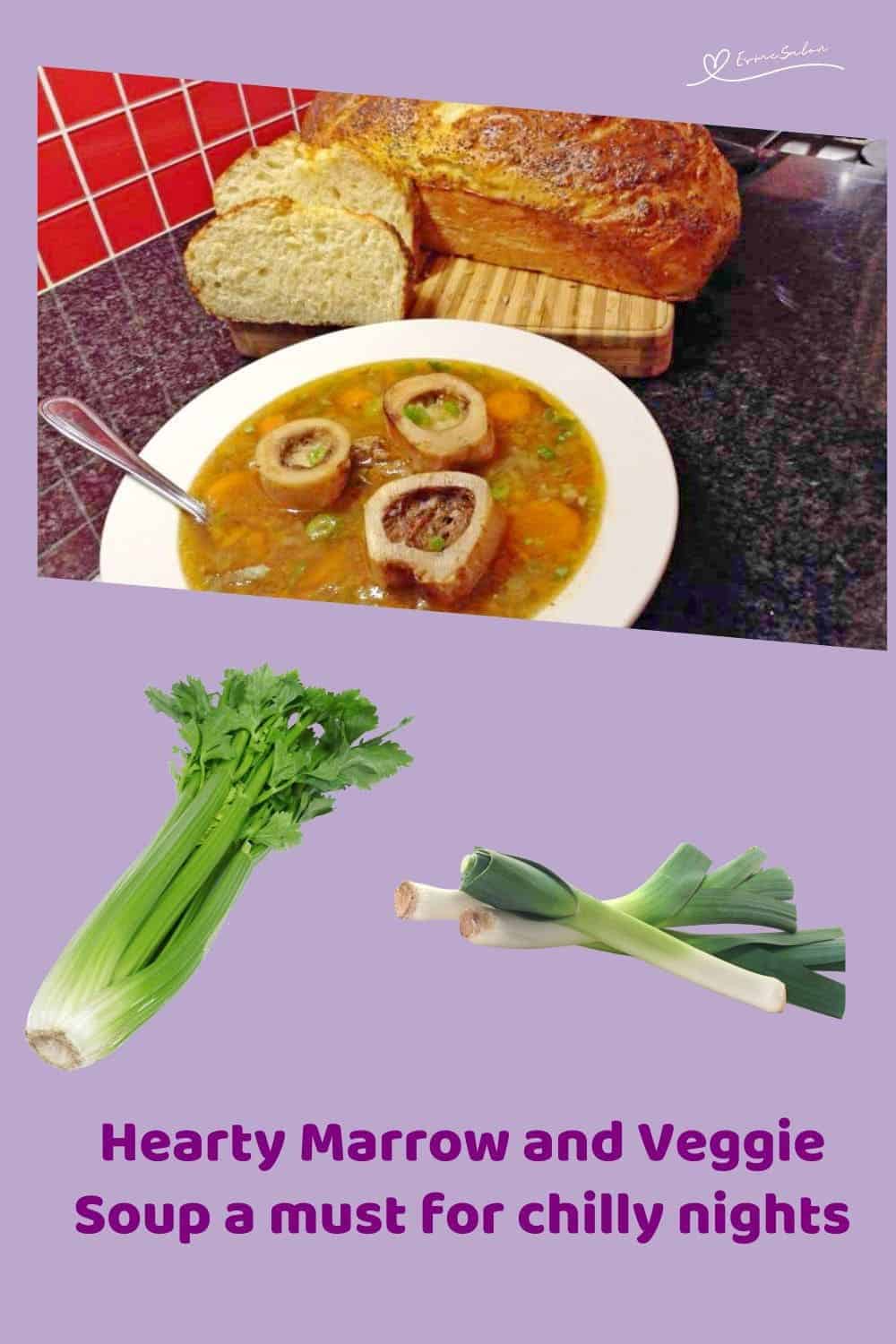 an image of a white soup bowl filled with Hearty Marrow and Veggie Soup and bread on the side