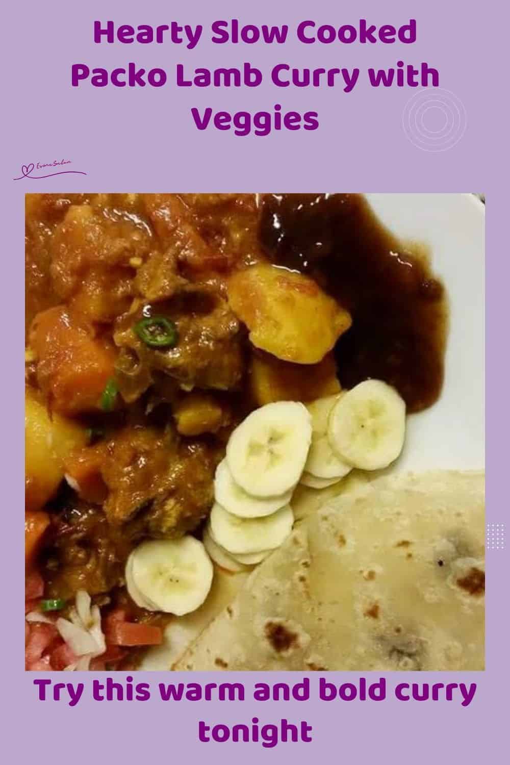 an image of a plate filled with Slow Cooked Packo Lamb Curry, served with sambals and roti