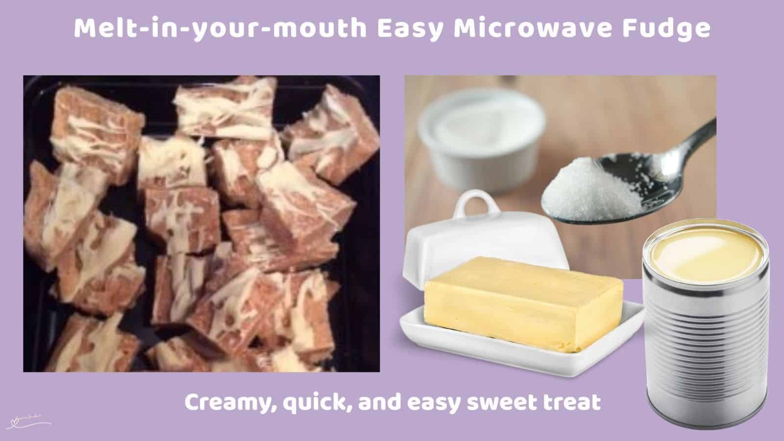 an image of brown Easy Microwave Fudge with white chocolate drizzled over the top