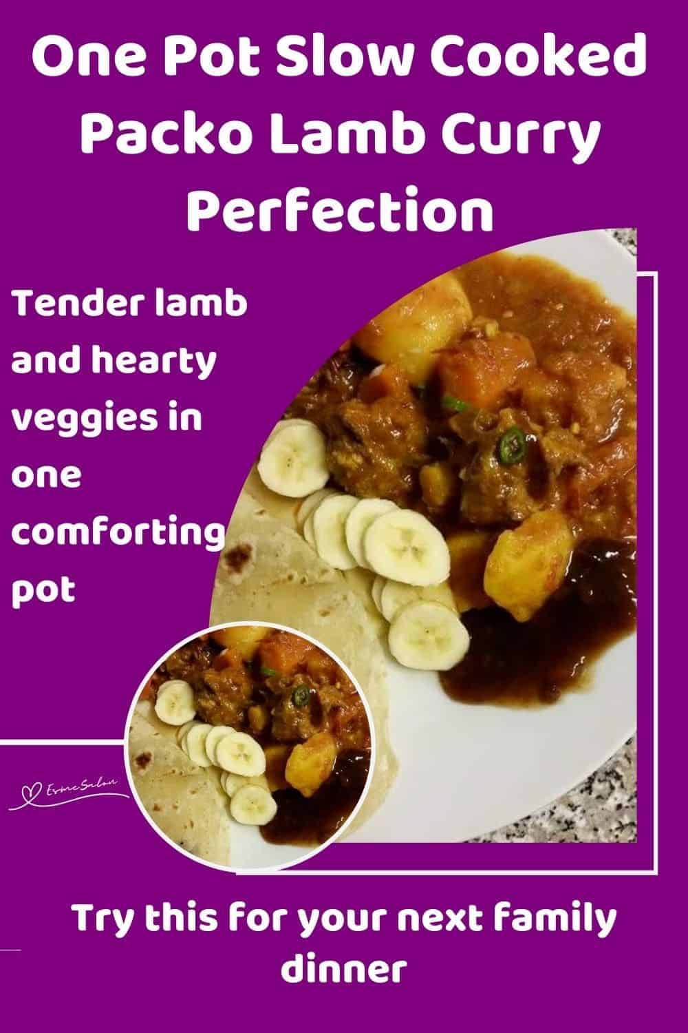 an image of a plate filled with Slow Cooked Packo Lamb Curry, served with sambals and roti