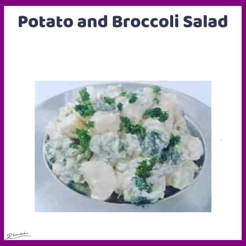 an image of a Potato and Broccoli Salad in a white bowl