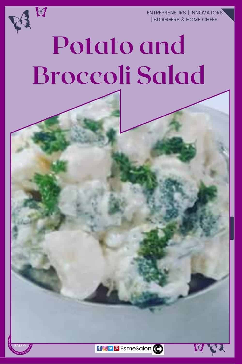 an image of a white bowl filled with creamy Potato and Broccoli Salad and topped with fresh parsley