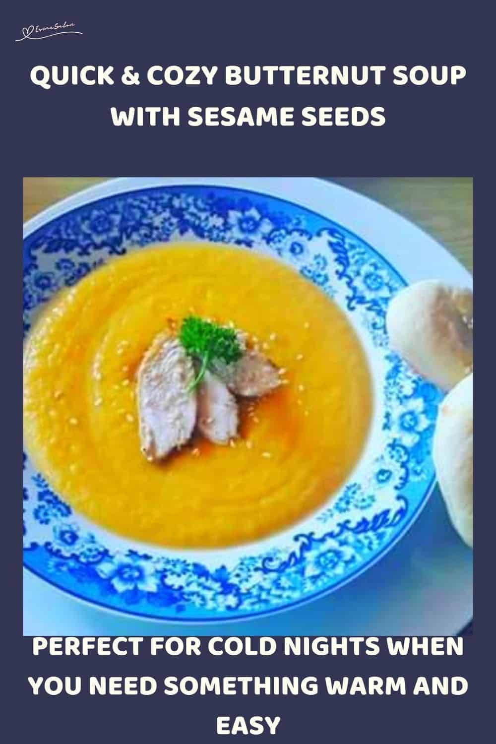 an image of a soup bowl with Butternut Soup with Sesame Seeds and bread on the side