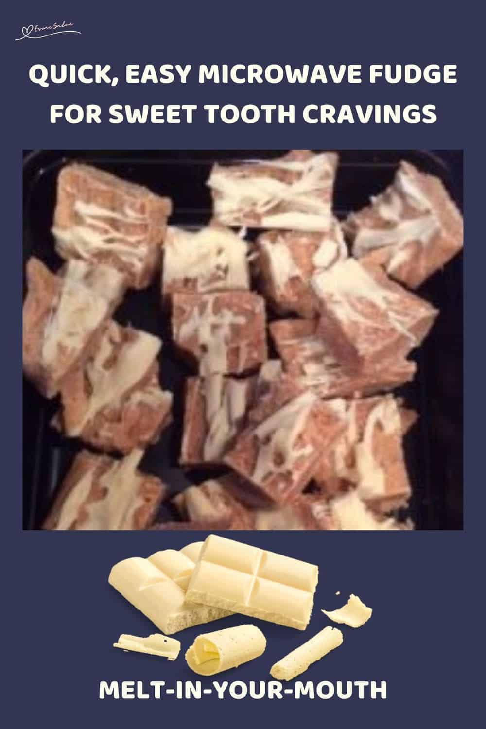 an image of brown Easy Microwave Fudge with white chocolate drizzled over the top