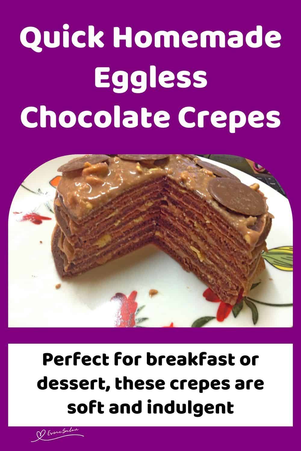 an image of a stack of Eggless Chocolate Crepes with chocolate buttons and chocolate cream cheese filling
