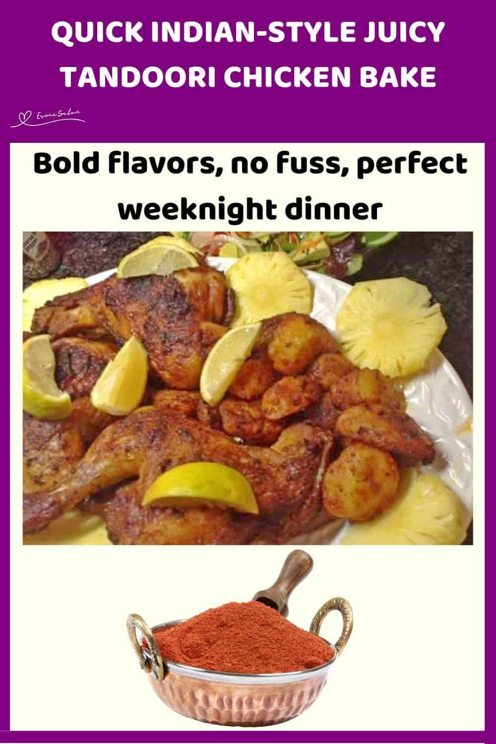 an image of a white platter with Juicy Tandoori Chicken, pineapple and lemon slices