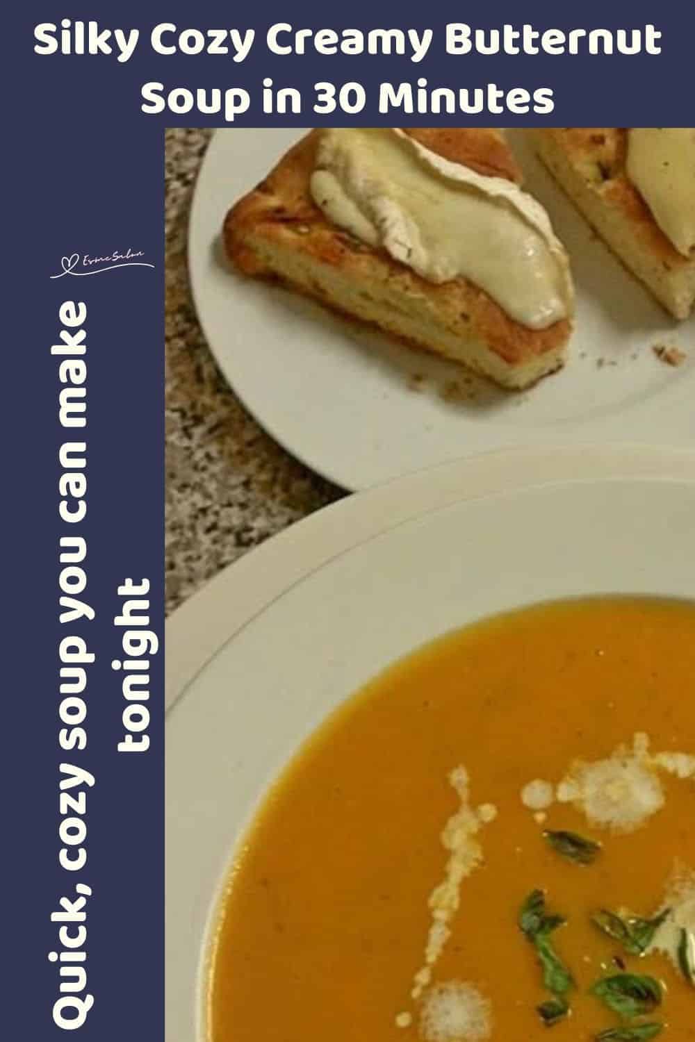 an image of a Cozy Creamy Butternut Soup in a white soup bowl with a drizzle or cream and greens