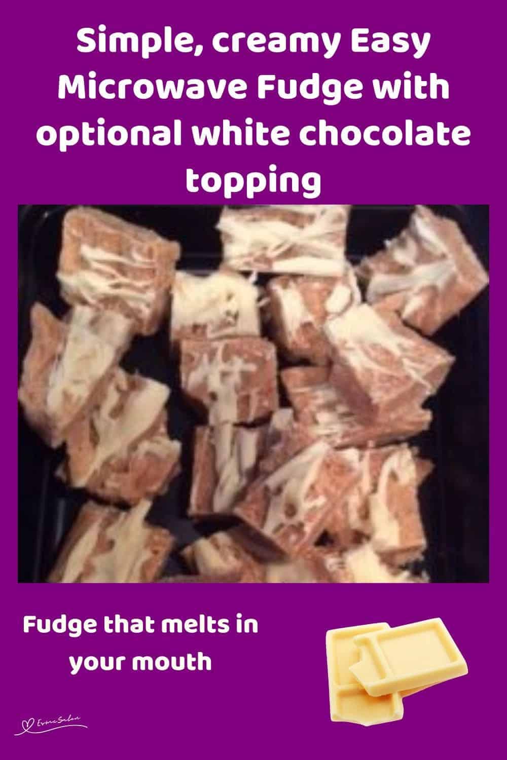 an image of brown Easy Microwave Fudge with white chocolate drizzled over the top