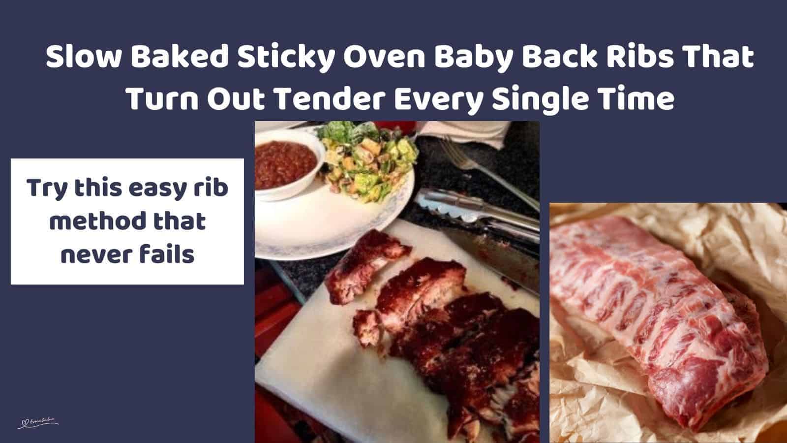 an image of Sticky Oven Baby Back Ribs on a white platter with a side of salad