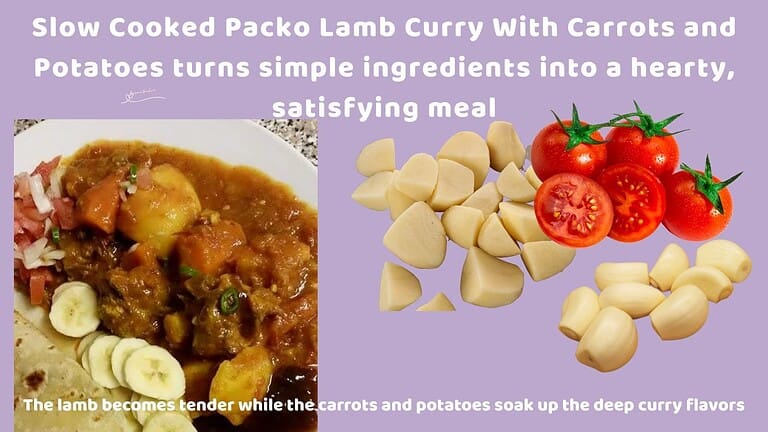 an image of a plate filled with Slow Cooked Packo Lamb Curry, served with sambals and roti