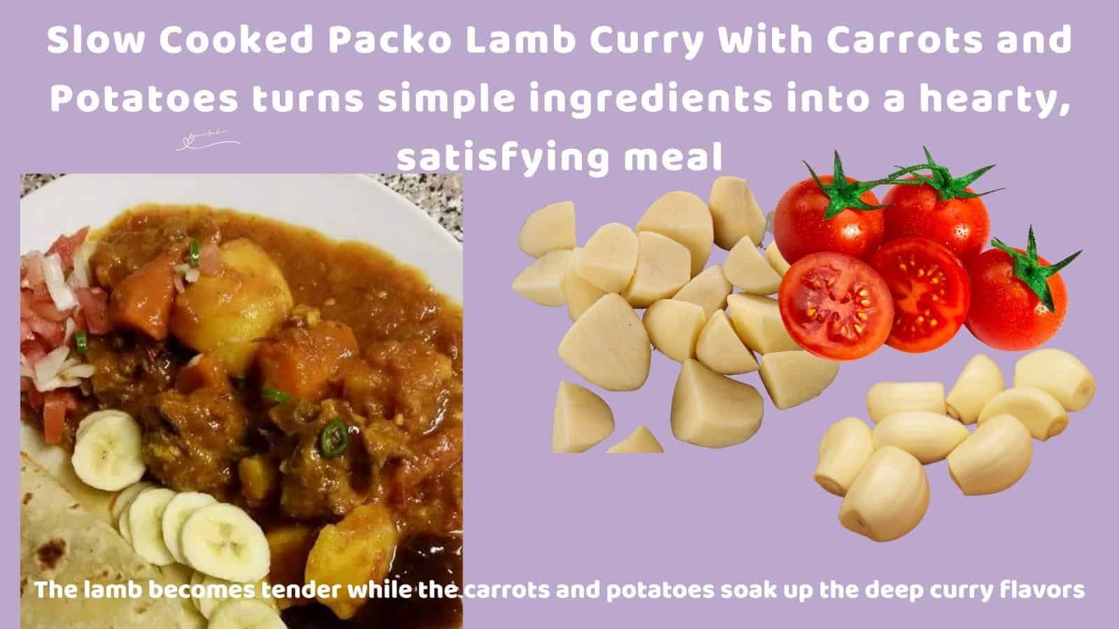 an image of a plate filled with Slow Cooked Packo Lamb Curry, served with sambals and roti