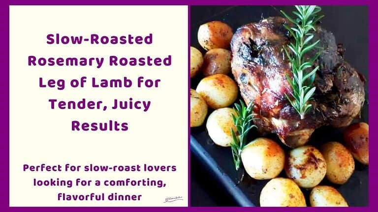 an image of a Rosemary Roasted Leg of Lamb with baby potatoes and a rosemary sprig