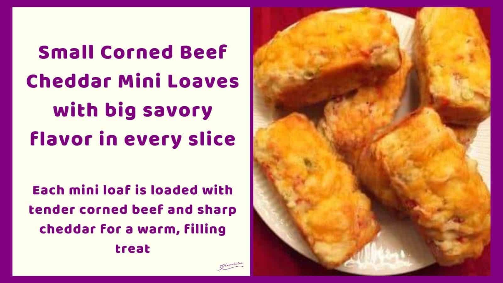 an image of Corned Beef Cheddar Mini Loaves on a white plate