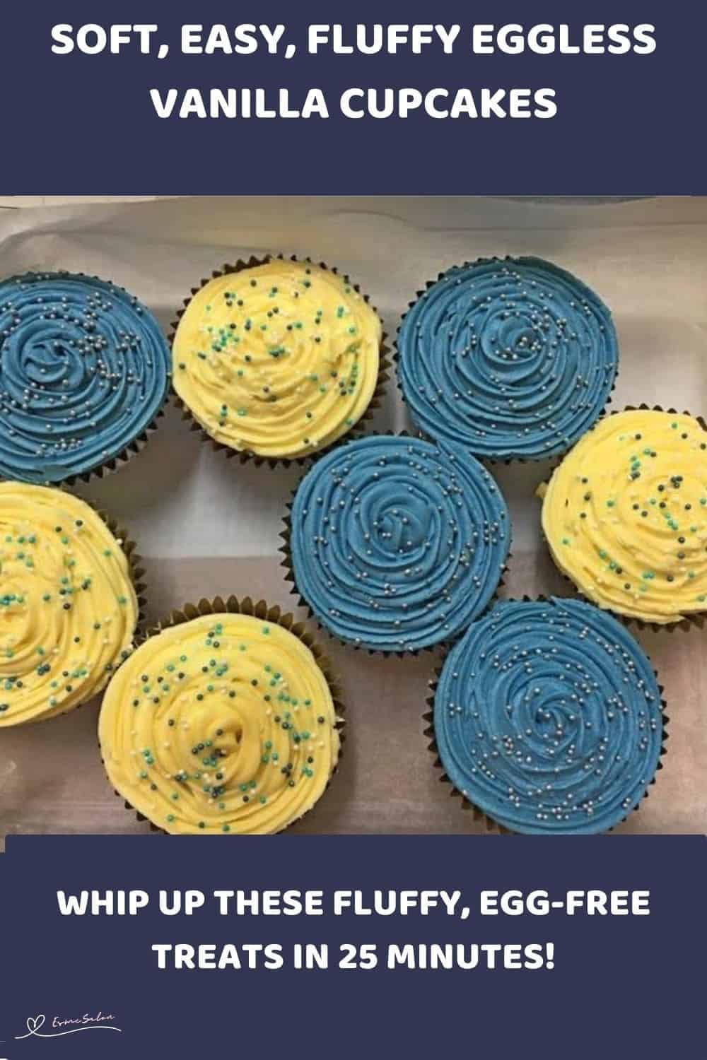 an image of yellow and blue Fluffy Eggless Vanilla Cupcakes with sprinkles