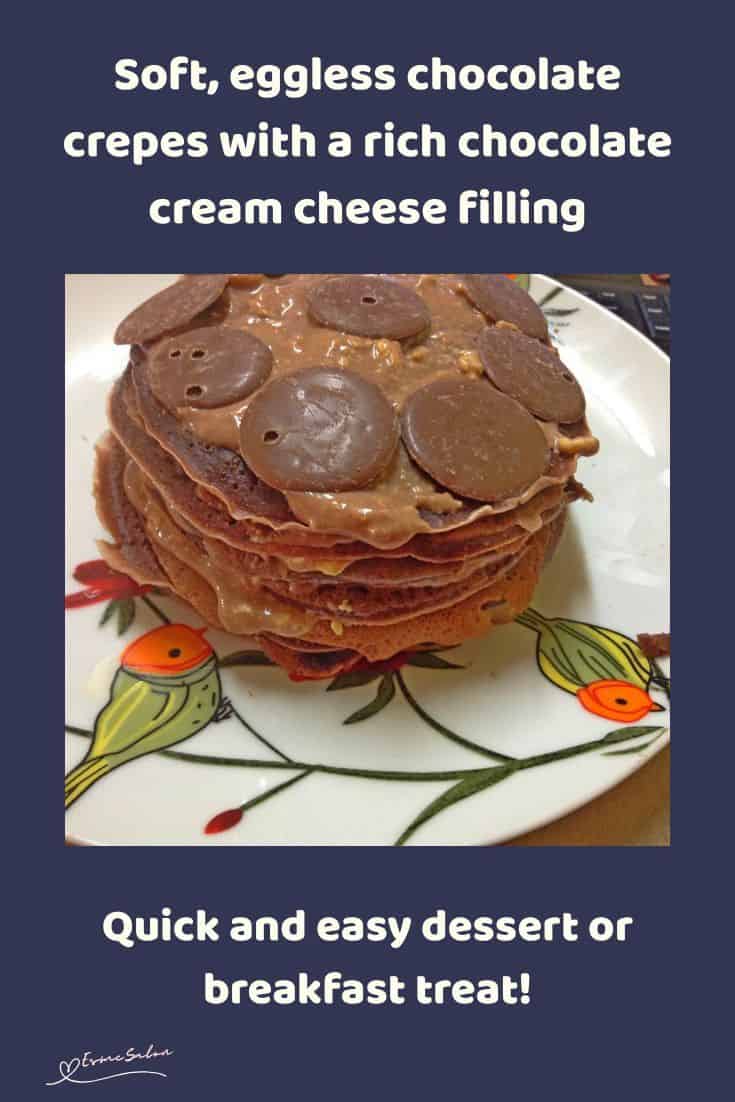 an image of a stack of Eggless Chocolate Crepes with chocolate buttons and chocolate cream cheese filling