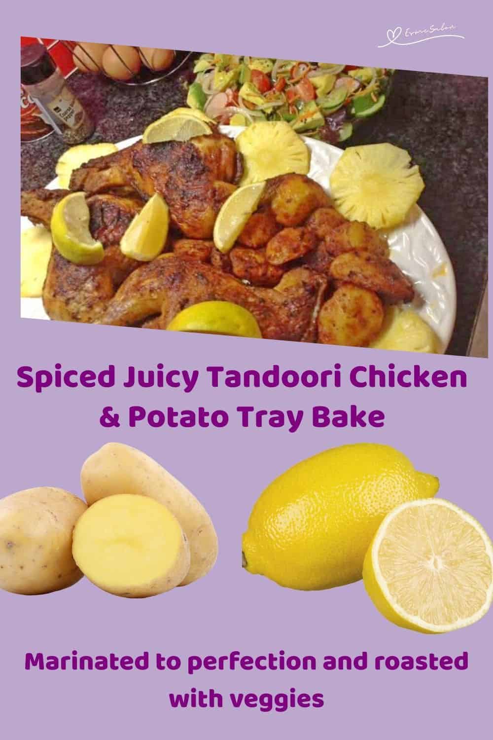 an image of a white platter with Juicy Tandoori Chicken, pineapple and lemon slices