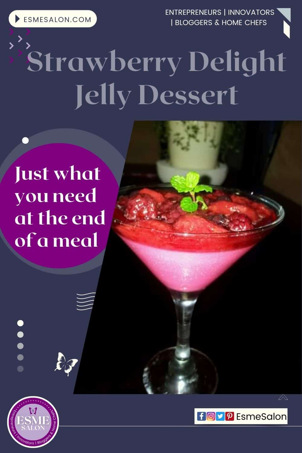 an image of 3 stemmed glassed with Strawberry Delight Jelly Dessert