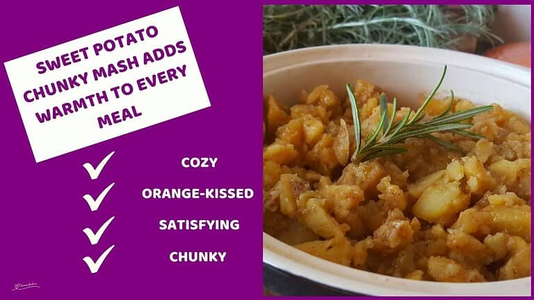 an image of a white dish with Sweet Potato Chunky Mash and a sprig of rosemary