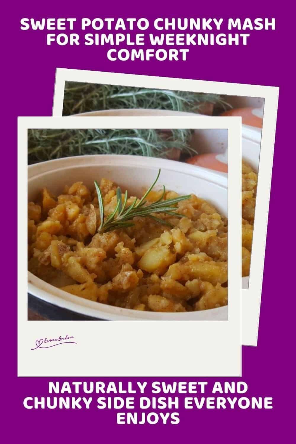 an image of a white dish with Sweet Potato Chunky Mash and a sprig of rosemary